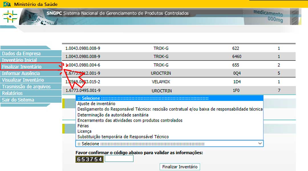 SNGPC Anvisa - Finalizar inventário 