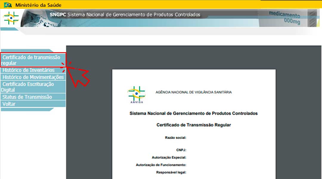 Portal do SNGPC - Certificado de Transmissão Regular