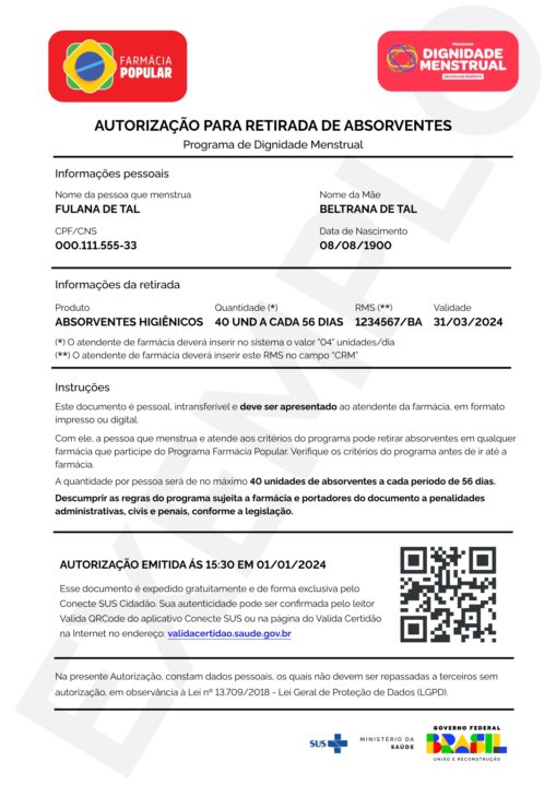 Exemplo de Autorização para retirada de absorvente